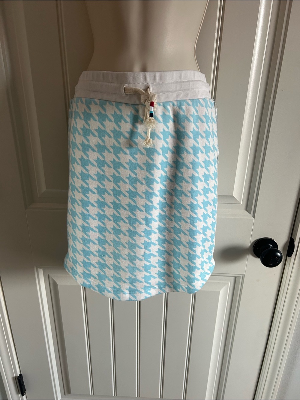 Sol Angeles Light Blue & White Houndstooth Drawstring Mini Skirt